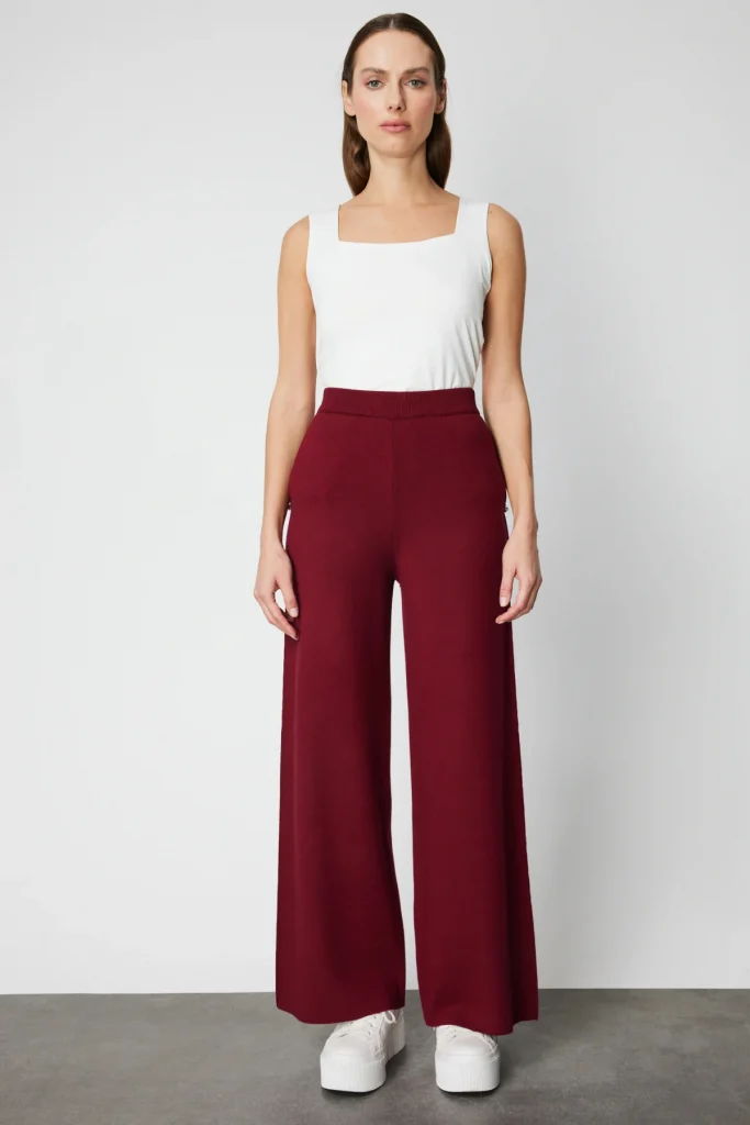 ON TRİKO Cebi Taş Detaylı Bol Paça Triko Pantolon 63919-26k - bordo