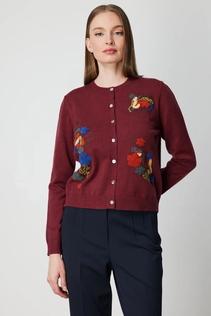 ON TRİKO Renkli Çiçek İşlemeli Triko Hırka 60939-26k - bordo