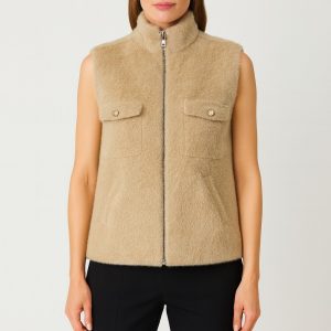 ON TRİKO Dik Yaka Beli Lastikli Peluş Yelek 66932 - KUM