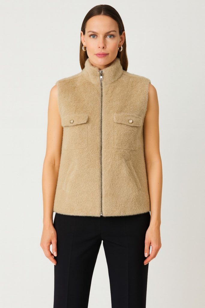 ON TRİKO Dik Yaka Beli Lastikli Peluş Yelek 66932 - KUM