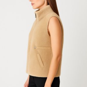 ON TRİKO Dik Yaka Beli Lastikli Peluş Yelek 66932 - KUM