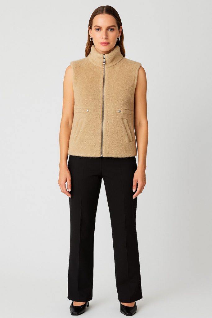 ON TRİKO Dik Yaka Beli Lastikli Peluş Yelek 66932 - KUM