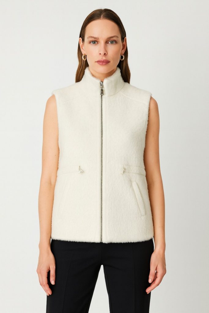 ON TRİKO Dik Yaka Beli Lastikli Peluş Yelek 66932 - EKRU