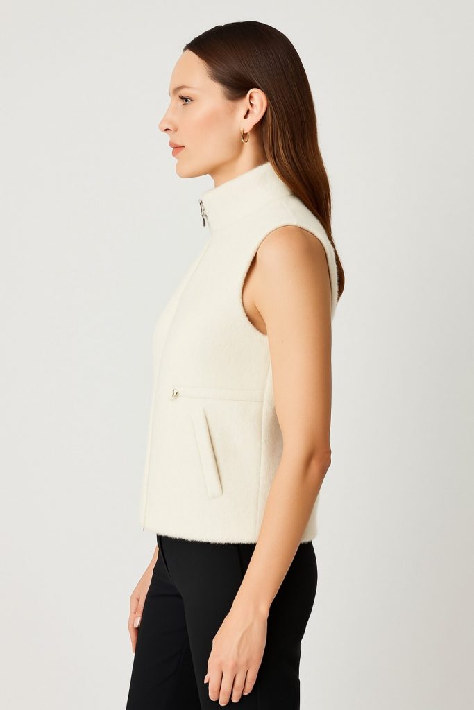 ON TRİKO Dik Yaka Beli Lastikli Peluş Yelek 66932 - EKRU