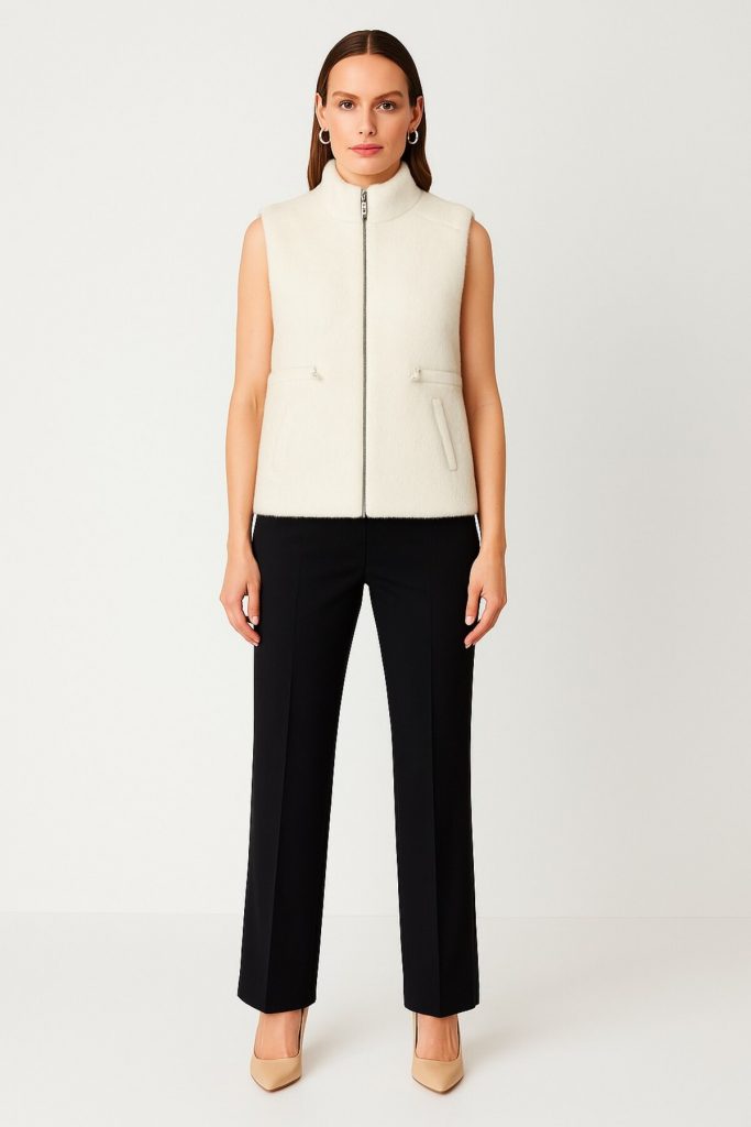 ON TRİKO Dik Yaka Beli Lastikli Peluş Yelek 66932 - EKRU