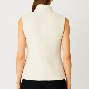 ON TRİKO Dik Yaka Beli Lastikli Peluş Yelek 66932 - EKRU