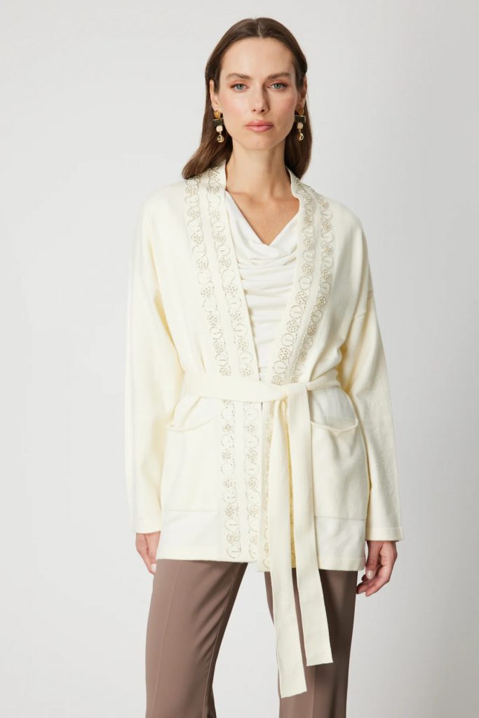 ON TRİKO ONTRİKO Yakası Taşlı Kuşaklı Hırka 60901-26k - EKRU