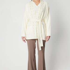 ON TRİKO ONTRİKO Yakası Taşlı Kuşaklı Hırka 60901-26k - EKRU