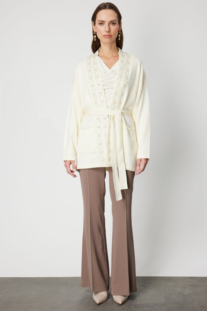 ON TRİKO ONTRİKO Yakası Taşlı Kuşaklı Hırka 60901-26k - EKRU