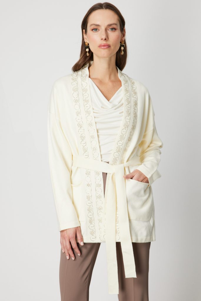 ON TRİKO ONTRİKO Yakası Taşlı Kuşaklı Hırka 60901-26k - EKRU