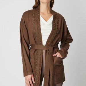 ON TRİKO ONTRİKO Yakası Taşlı Kuşaklı Hırka 60901-26k - kahve