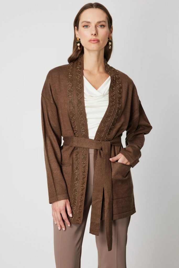 ON TRİKO ONTRİKO Yakası Taşlı Kuşaklı Hırka 60901-26k - kahve