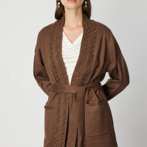 ON TRİKO ONTRİKO Yakası Taşlı Kuşaklı Hırka 60901-26k - kahve