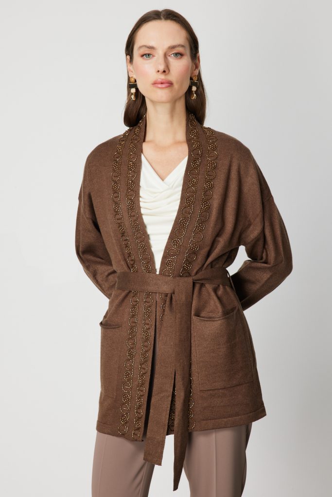 ON TRİKO ONTRİKO Yakası Taşlı Kuşaklı Hırka 60901-26k - kahve