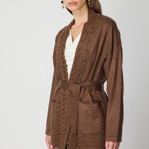 ON TRİKO ONTRİKO Yakası Taşlı Kuşaklı Hırka 60901-26k - kahve