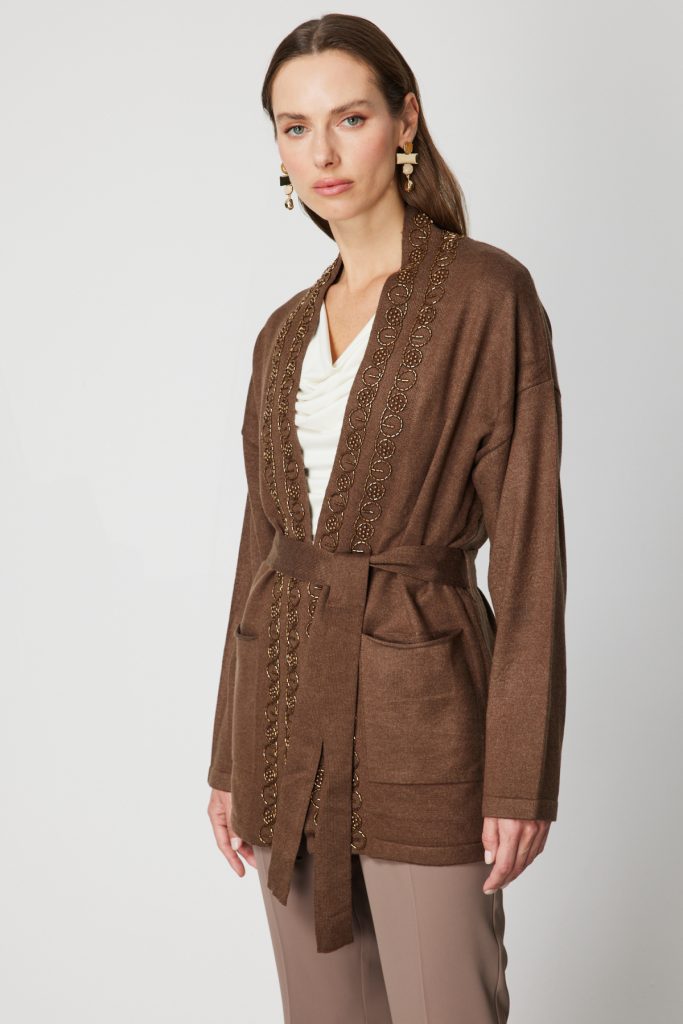 ON TRİKO ONTRİKO Yakası Taşlı Kuşaklı Hırka 60901-26k - kahve