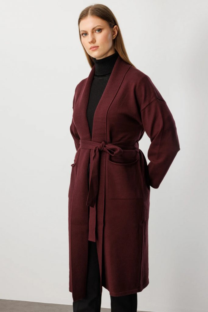 ON TRİKO ONTRİKO Beli Kuşaklı Şal Yaka Hırka 60900-26k - bordo