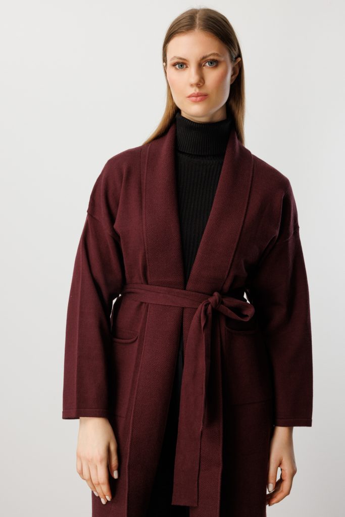 ON TRİKO ONTRİKO Beli Kuşaklı Şal Yaka Hırka 60900-26k - bordo