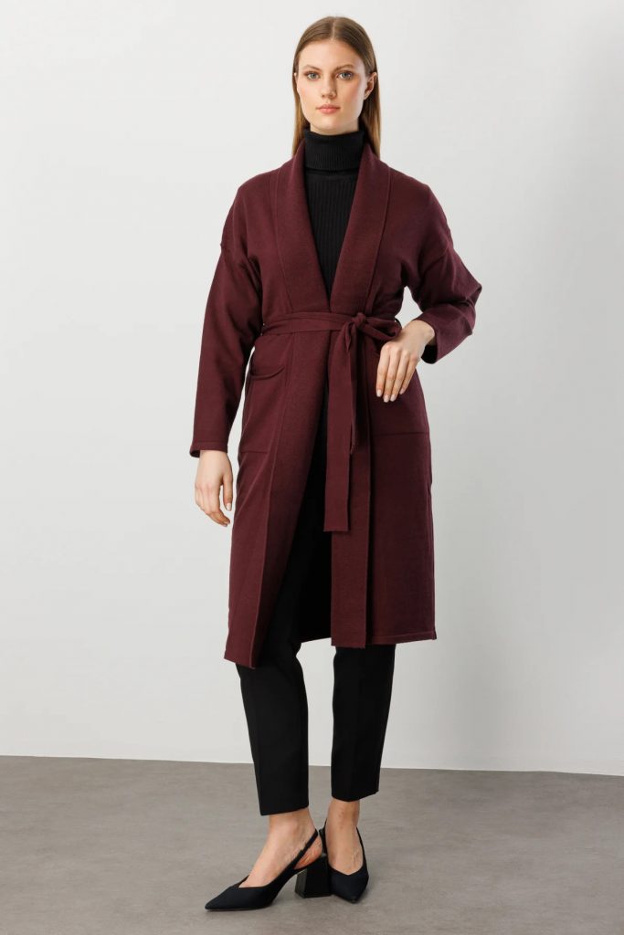 ON TRİKO ONTRİKO Beli Kuşaklı Şal Yaka Hırka 60900-26k - bordo