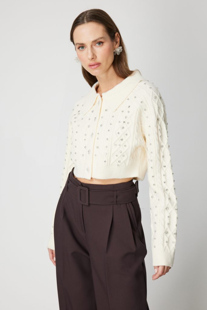 ON TRİKO ONTRİKO Taşlı Crop Hırka 60911-26k - EKRU