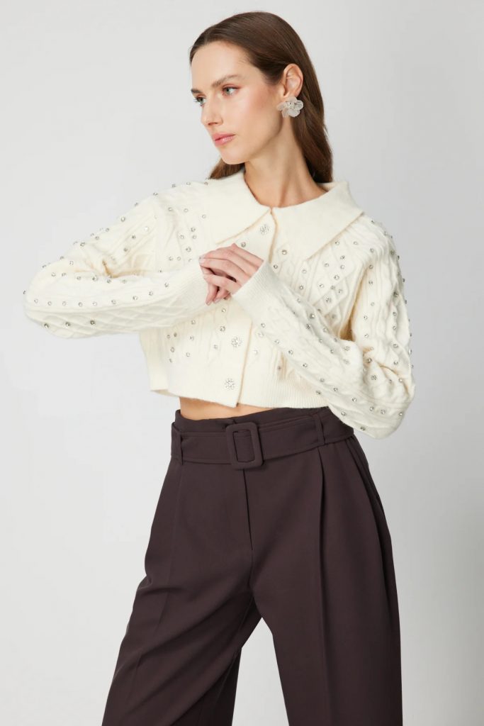 ON TRİKO ONTRİKO Taşlı Crop Hırka 60911-26k - EKRU