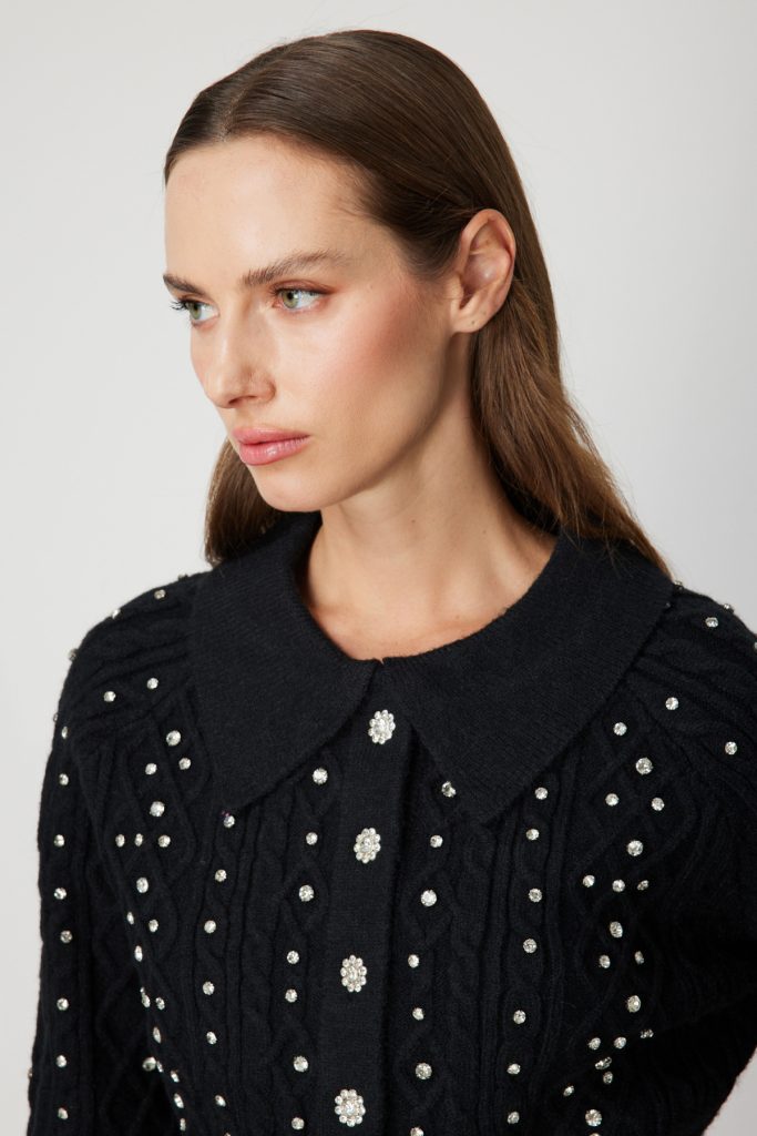 ON TRİKO ONTRİKO Taşlı Crop Hırka 60911-26k - Siyah