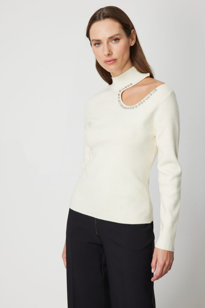 ON TRİKO ONTRİKO Omzu Açık Taş Detaylı Triko Kazak 60309-26K - EKRU