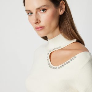 ON TRİKO ONTRİKO Omzu Açık Taş Detaylı Triko Kazak 60309-26K - EKRU