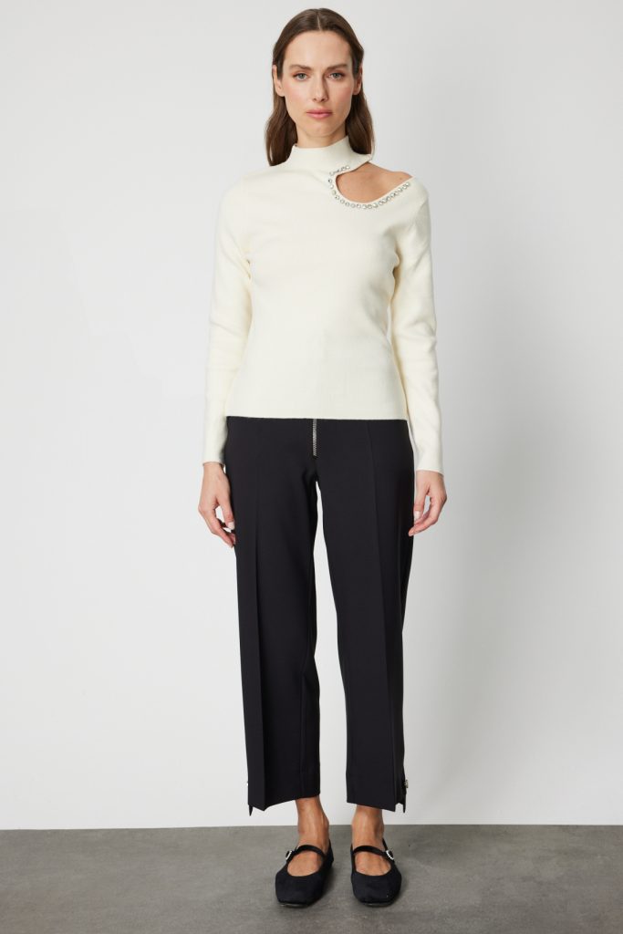 ON TRİKO ONTRİKO Omzu Açık Taş Detaylı Triko Kazak 60309-26K - EKRU