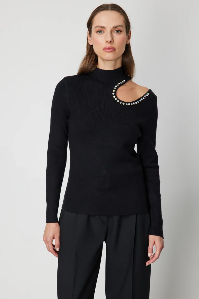 ON TRİKO ONTRİKO Omzu Açık Taş Detaylı Triko Kazak 60309-26K - Siyah