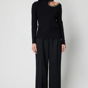 ON TRİKO ONTRİKO Omzu Açık Taş Detaylı Triko Kazak 60309-26K - Siyah