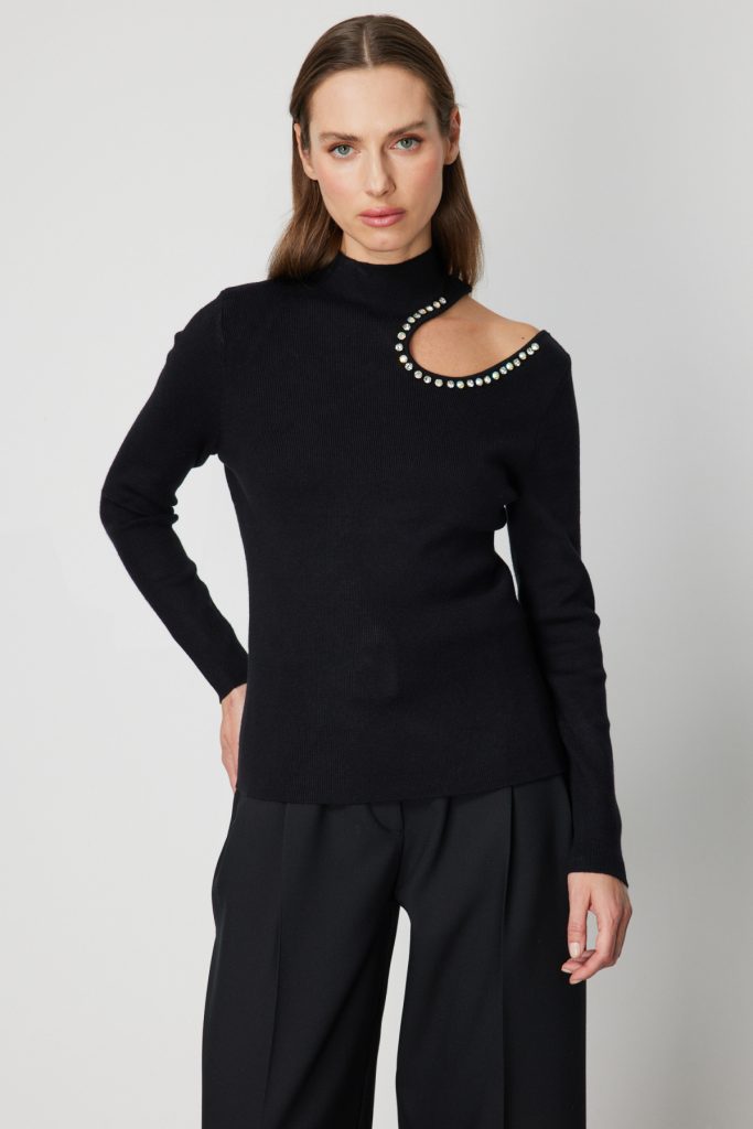 ON TRİKO ONTRİKO Omzu Açık Taş Detaylı Triko Kazak 60309-26K - Siyah