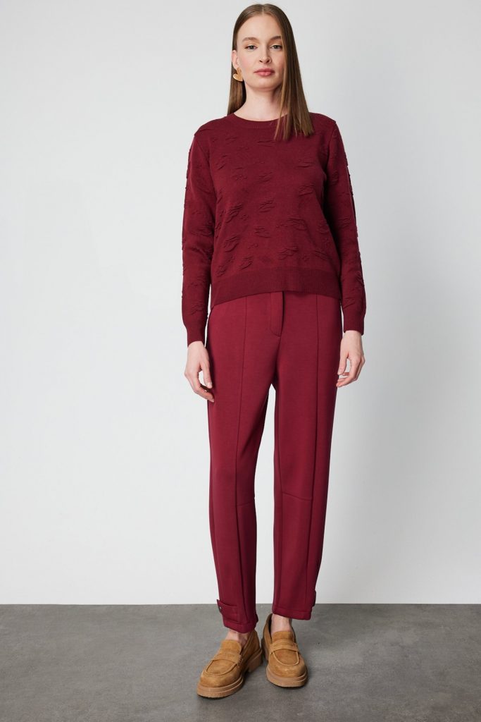 ON TRİKO Kabartmalı Triko Kazak 66363-26k - bordo