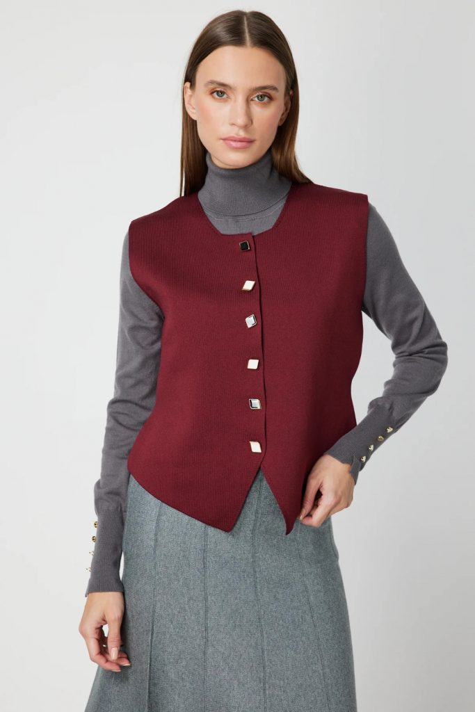 ON TRİKO Sıfır Yaka Düğmeli Triko Yelek 66947-26k - bordo