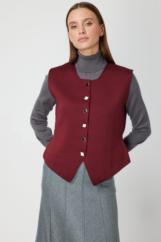 ON TRİKO Sıfır Yaka Düğmeli Triko Yelek 66947-26k - bordo