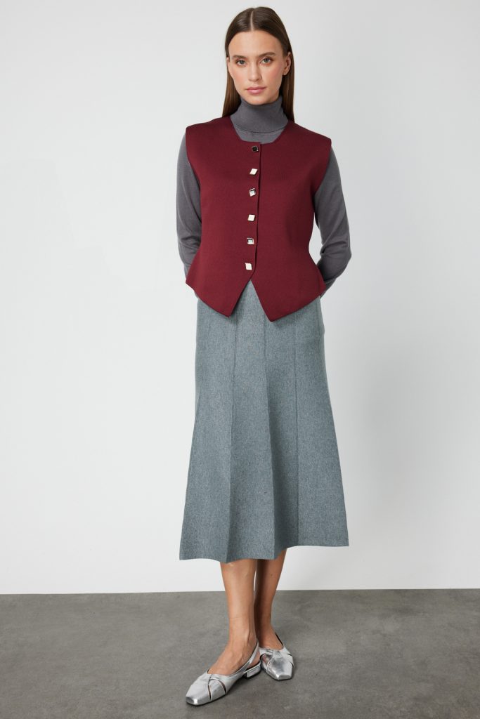 ON TRİKO Sıfır Yaka Düğmeli Triko Yelek 66947-26k - bordo