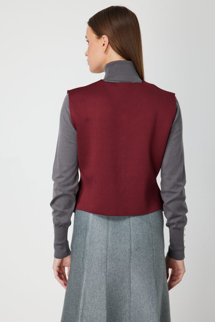 ON TRİKO Sıfır Yaka Düğmeli Triko Yelek 66947-26k - bordo