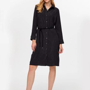 Faik Sönmez Kuşaklı Kendinden Dokulu Şönil Elbise ELB023-26k - ANTRASİT