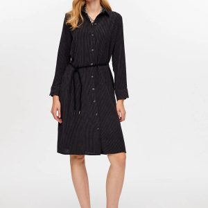 Faik Sönmez Kuşaklı Kendinden Dokulu Şönil Elbise ELB023-26k - ANTRASİT