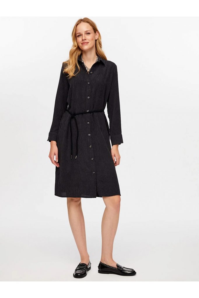 Faik Sönmez Kuşaklı Kendinden Dokulu Şönil Elbise ELB023-26k - ANTRASİT