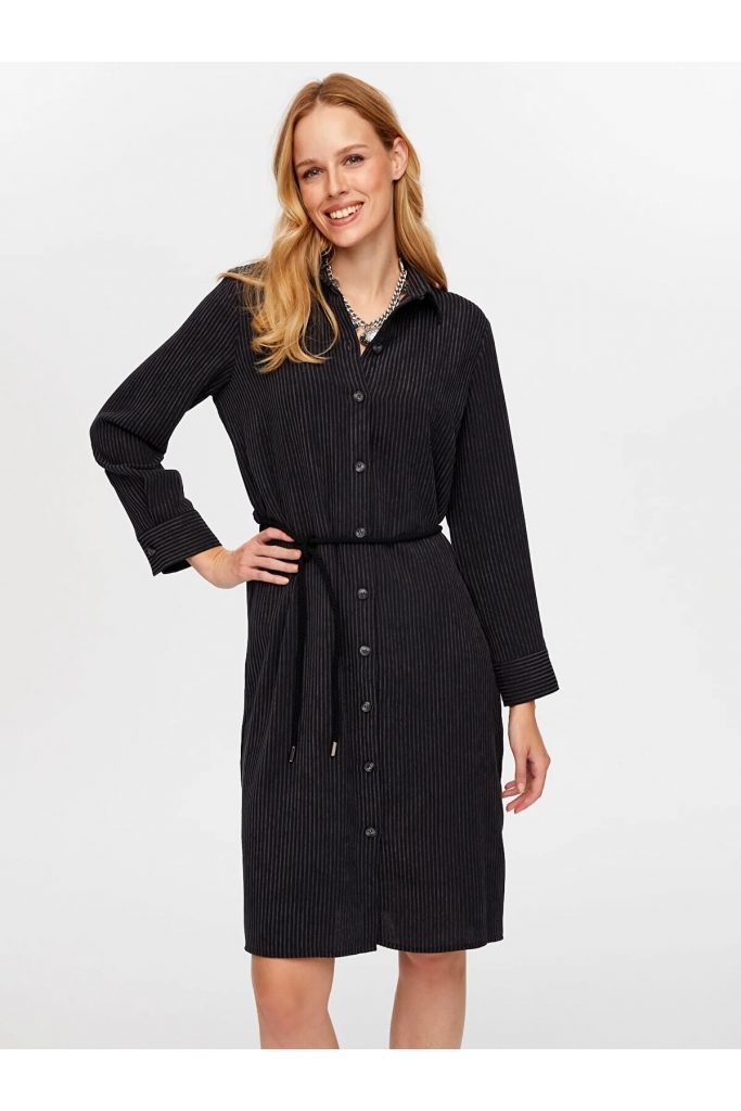 Faik Sönmez Kuşaklı Kendinden Dokulu Şönil Elbise ELB023-26k - ANTRASİT