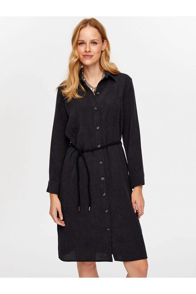 Faik Sönmez Kuşaklı Kendinden Dokulu Şönil Elbise ELB023-26k - ANTRASİT