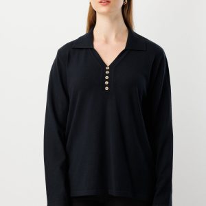 ON TRİKO Polo Yaka Süs Düğmeli Triko Kazak 65333-26k - Siyah