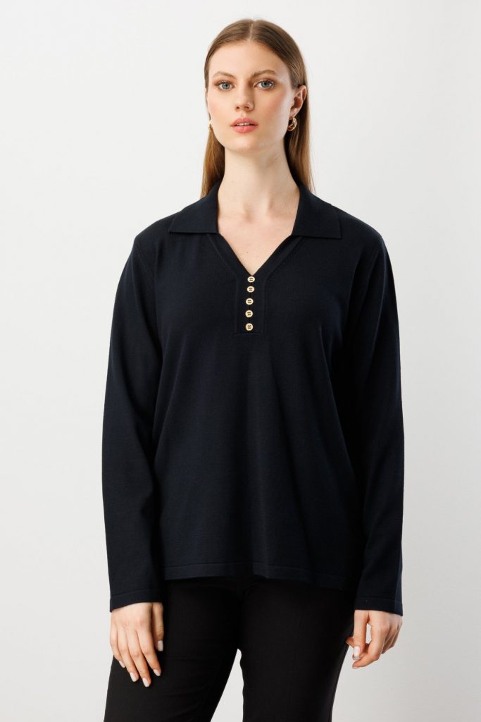 ON TRİKO Polo Yaka Süs Düğmeli Triko Kazak 65333-26k - Siyah