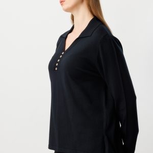 ON TRİKO Polo Yaka Süs Düğmeli Triko Kazak 65333-26k - Siyah