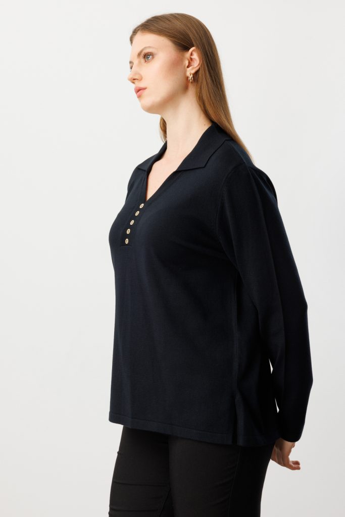 ON TRİKO Polo Yaka Süs Düğmeli Triko Kazak 65333-26k - Siyah