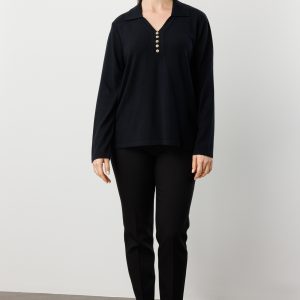 ON TRİKO Polo Yaka Süs Düğmeli Triko Kazak 65333-26k - Siyah