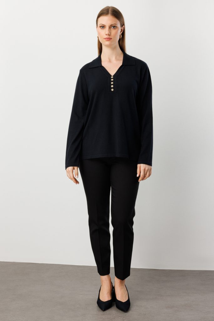 ON TRİKO Polo Yaka Süs Düğmeli Triko Kazak 65333-26k - Siyah