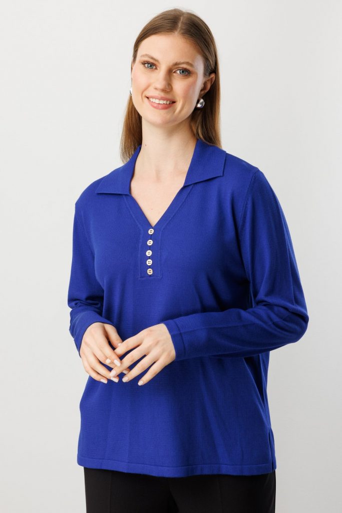 ON TRİKO Polo Yaka Süs Düğmeli Triko Kazak 65333-26k - SAKS