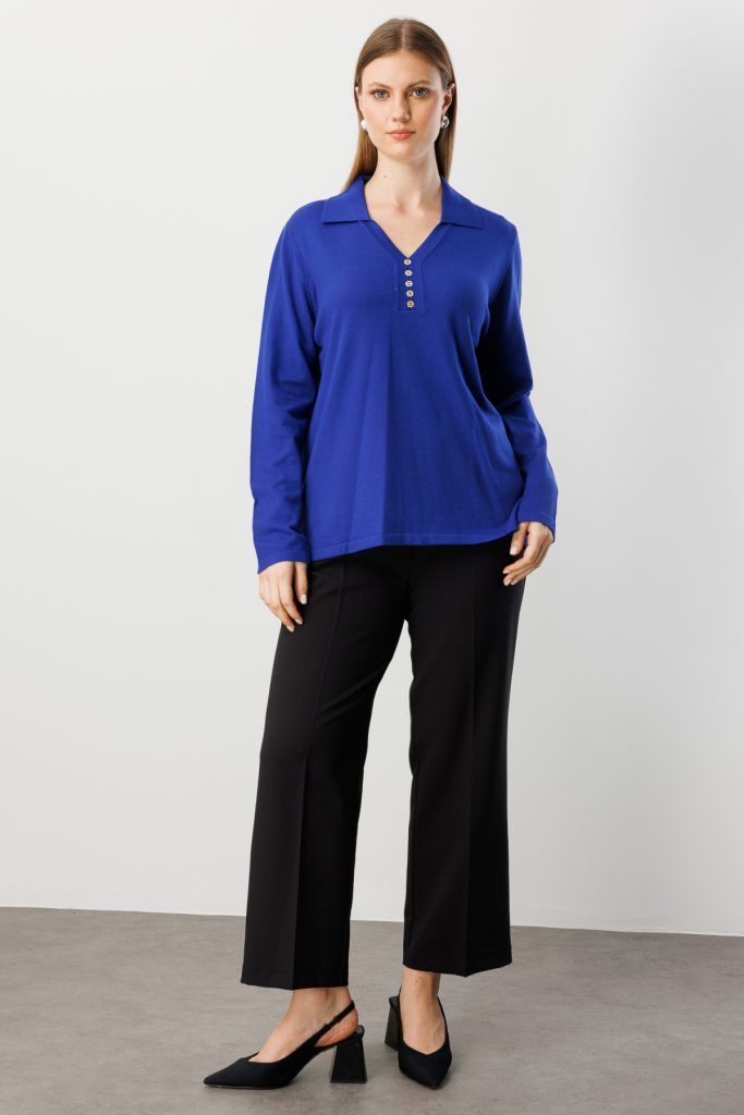 ON TRİKO Polo Yaka Süs Düğmeli Triko Kazak 65333-26k - SAKS